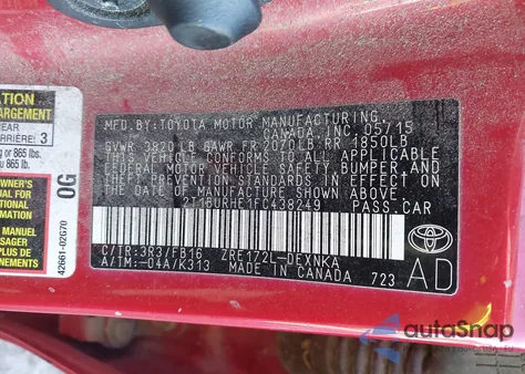 2015 Toyota Corolla Le из США, поврежденный, VIN 2T1BURHE1FC438249